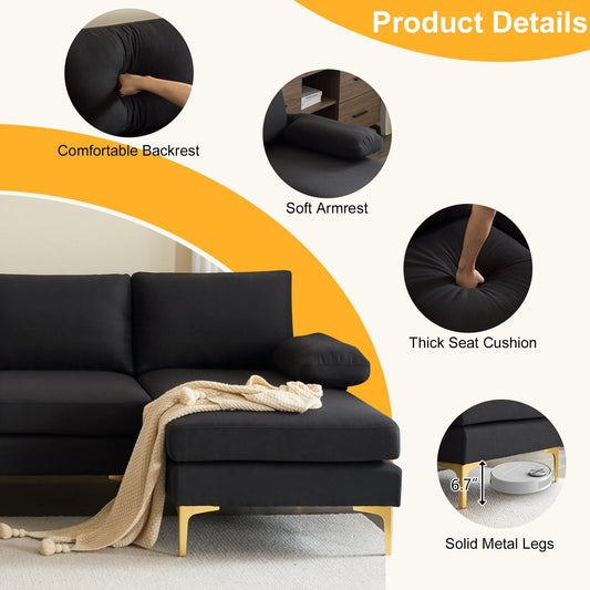 Sofá Seccional, Juego De Sofá Convertible En Forma De U Con Tela De Lino Suave, Sofá Cama Con Chaise Para Sala De Estar 4 Asientos Negro
