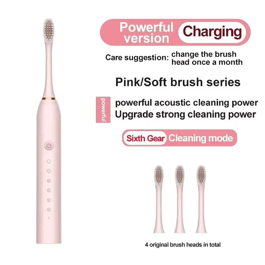 Cepillo de dientes eléctrico ultrasónico, modo de seis velocidades, pelo suave para el hogar, carga USB, limpiador de dientes impermeable para adultos, juego automático para parejas