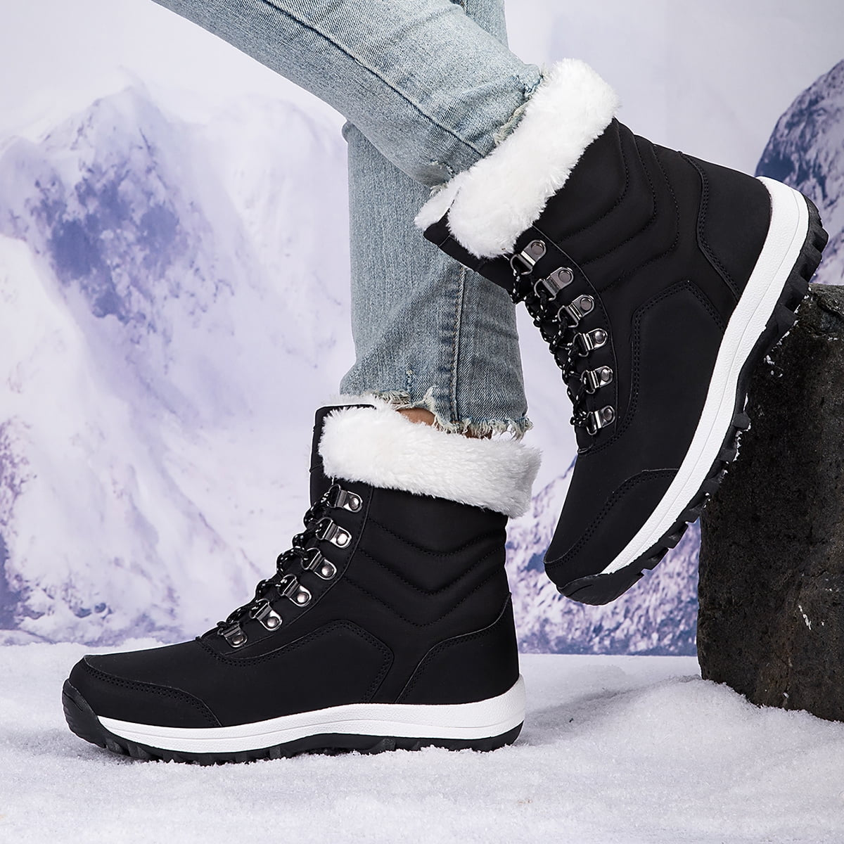 Women'S Snow Boots Cozy Insulated Faux Fur Lined Waterproof Mid-Calf Winter Boots, Black