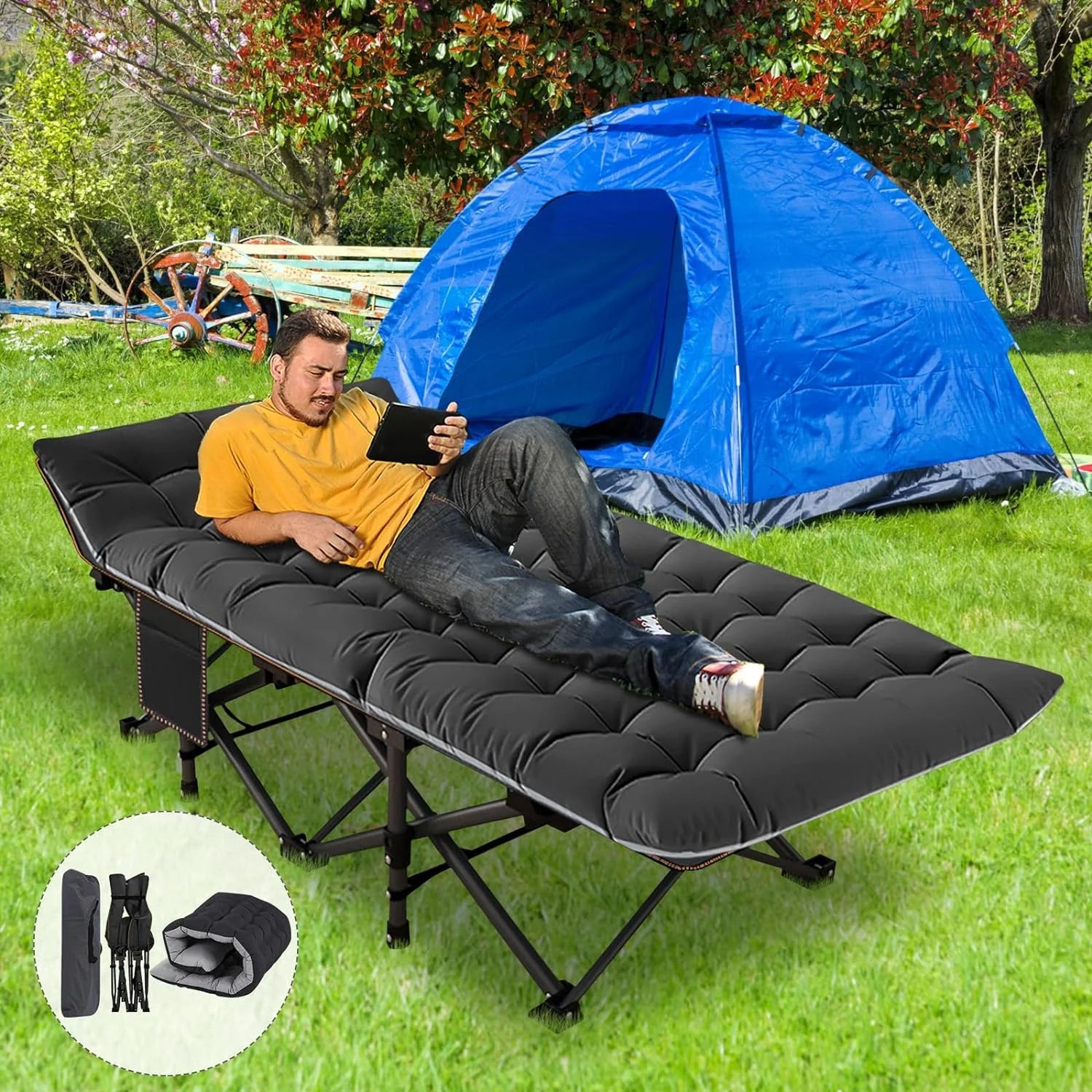 Folding Camping Cots for Adults 880Lbs, 2 Pack 28" Extra Wide Sturdy Sleeping Cot, Folding Rollaway Guest Bed with 3.3 Inch 2 Sided Mattress & Carry Bag