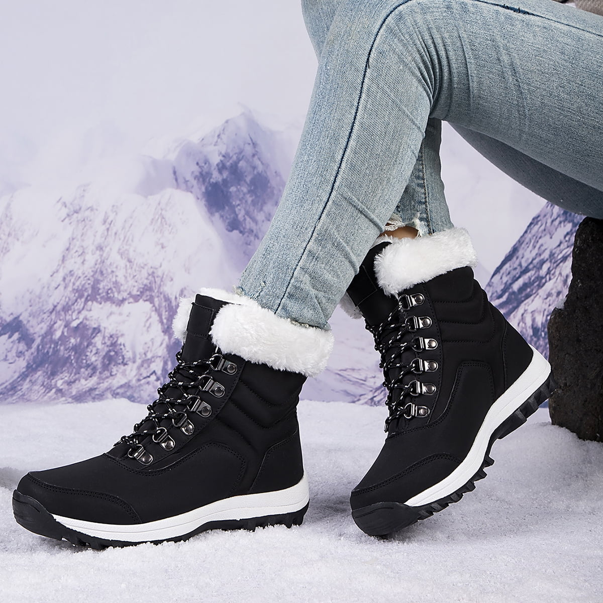 Women'S Snow Boots Cozy Insulated Faux Fur Lined Waterproof Mid-Calf Winter Boots, Black