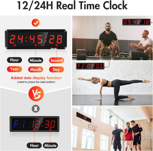 Gym Timer,Led Workout Colck Count Down/Up Clock,.5" X 4" Ultra-Clear Digital Display, Power Bank Compatible with Workout Metal Stopwatch, Multi-Scenes with Remote (.5 Inch Red)