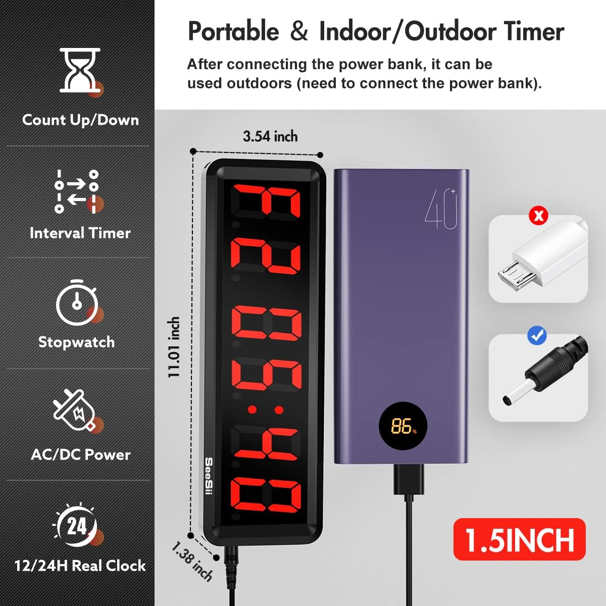 Gym Timer,Led Workout Colck Count Down/Up Clock,.5" X 4" Ultra-Clear Digital Display, Power Bank Compatible with Workout Metal Stopwatch, Multi-Scenes with Remote (.5 Inch Red)