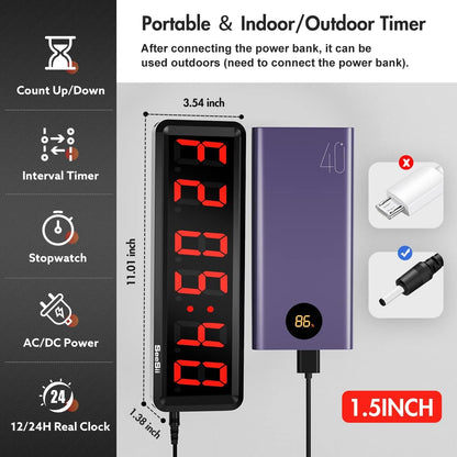 Gym Timer,Led Workout Colck Count Down/Up Clock,.5" X 4" Ultra-Clear Digital Display, Power Bank Compatible with Workout Metal Stopwatch, Multi-Scenes with Remote (.5 Inch Red)
