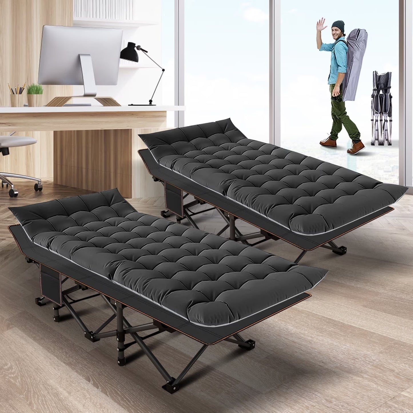 Folding Camping Cots for Adults 880Lbs, 2 Pack 28" Extra Wide Sturdy Sleeping Cot, Folding Rollaway Guest Bed with 3.3 Inch 2 Sided Mattress & Carry Bag