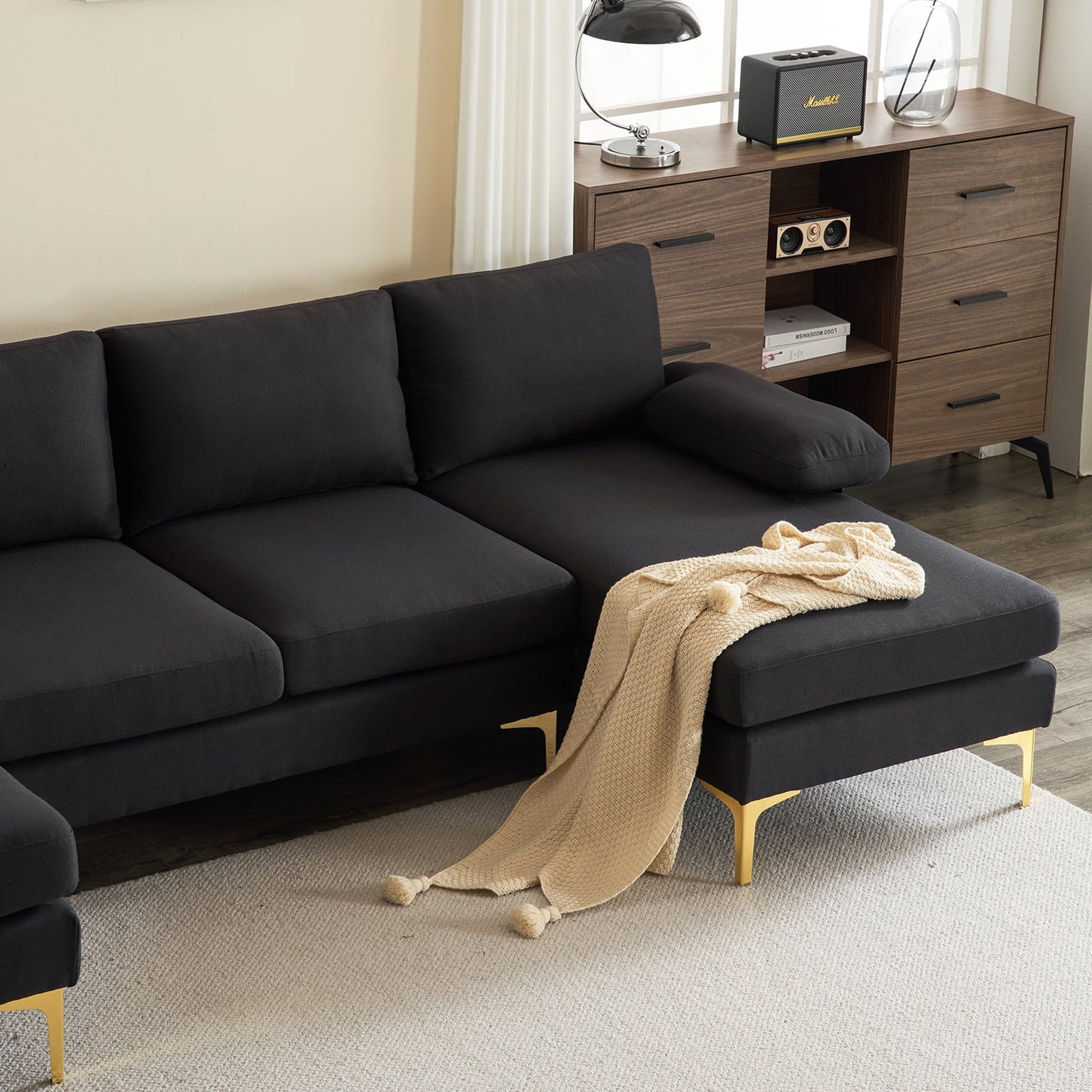 Sofá Seccional, Juego De Sofá Convertible En Forma De U Con Tela De Lino Suave, Sofá Cama Con Chaise Para Sala De Estar 4 Asientos Negro