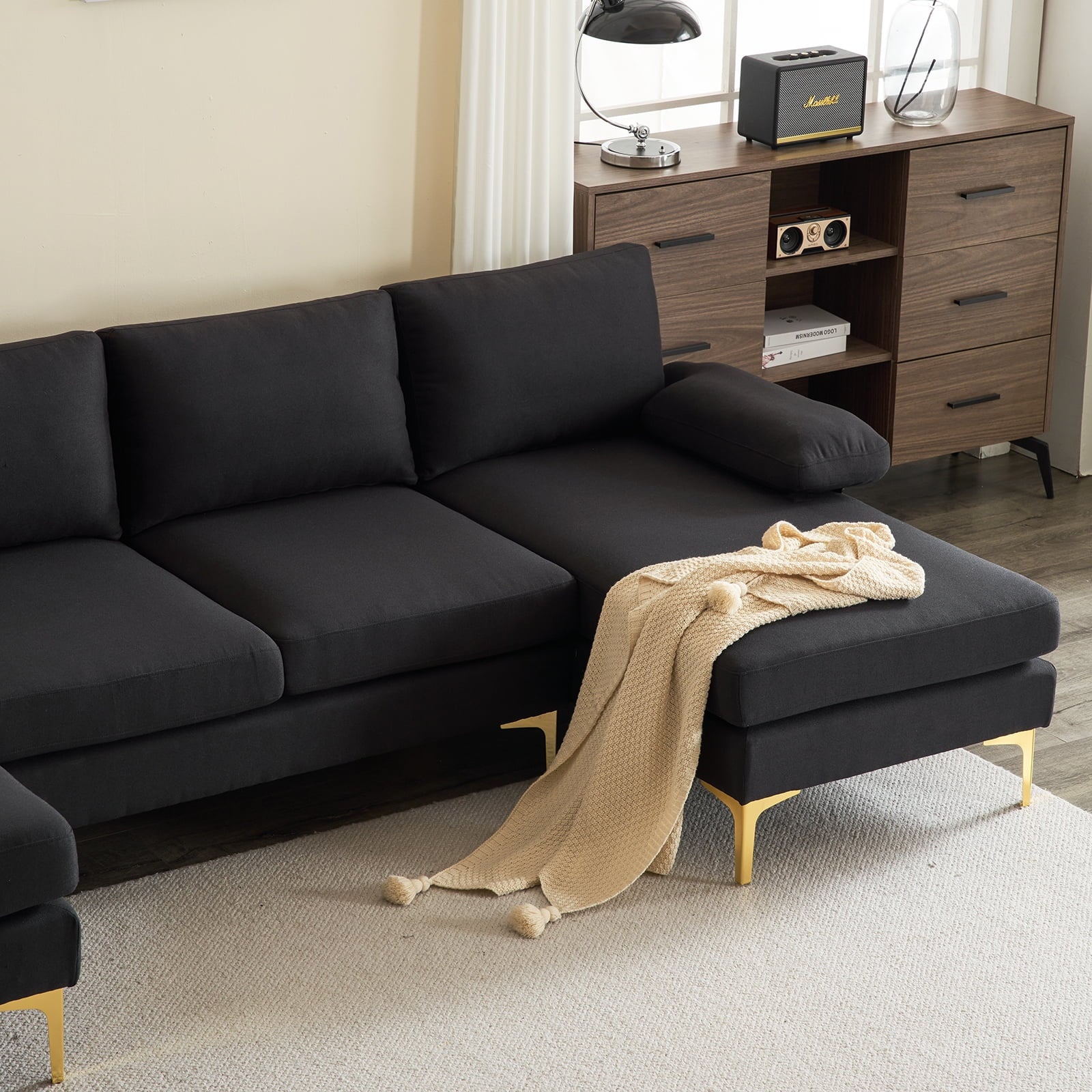 Sofá Seccional, Juego De Sofá Convertible En Forma De U Con Tela De Lino Suave, Sofá Cama Con Chaise Para Sala De Estar 4 Asientos Negro