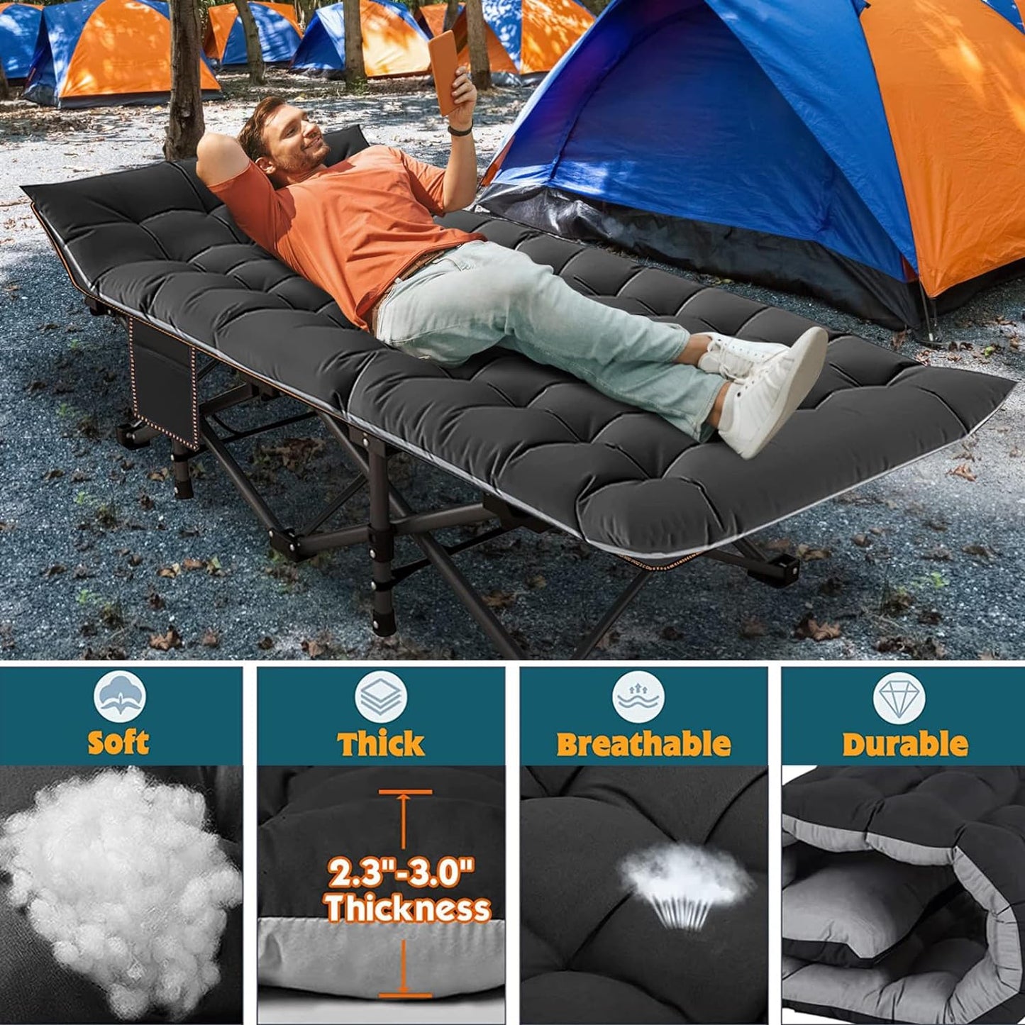 Folding Camping Cots for Adults 880Lbs, 2 Pack 28" Extra Wide Sturdy Sleeping Cot, Folding Rollaway Guest Bed with 3.3 Inch 2 Sided Mattress & Carry Bag