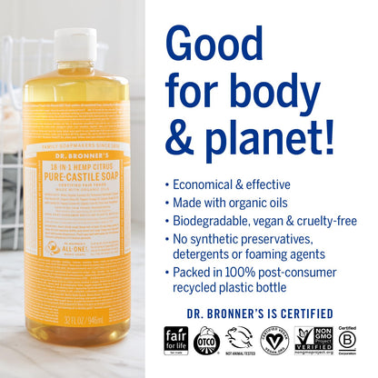 Magic Soap-Pure-Castile Liquid Soap (Citrus, 32Oz, 2-Pack)-Regenerative Organic Certified Oils, 18-In-1 Uses: Body, Hair, Laundry, Pets & Dishes, Concentrated, Vegan, Non-Gmo