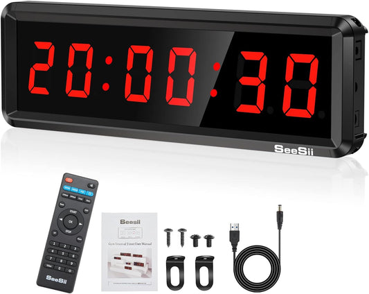Gym Timer,Led Workout Colck Count Down/Up Clock,.5" X 4" Ultra-Clear Digital Display, Power Bank Compatible with Workout Metal Stopwatch, Multi-Scenes with Remote (.5 Inch Red)