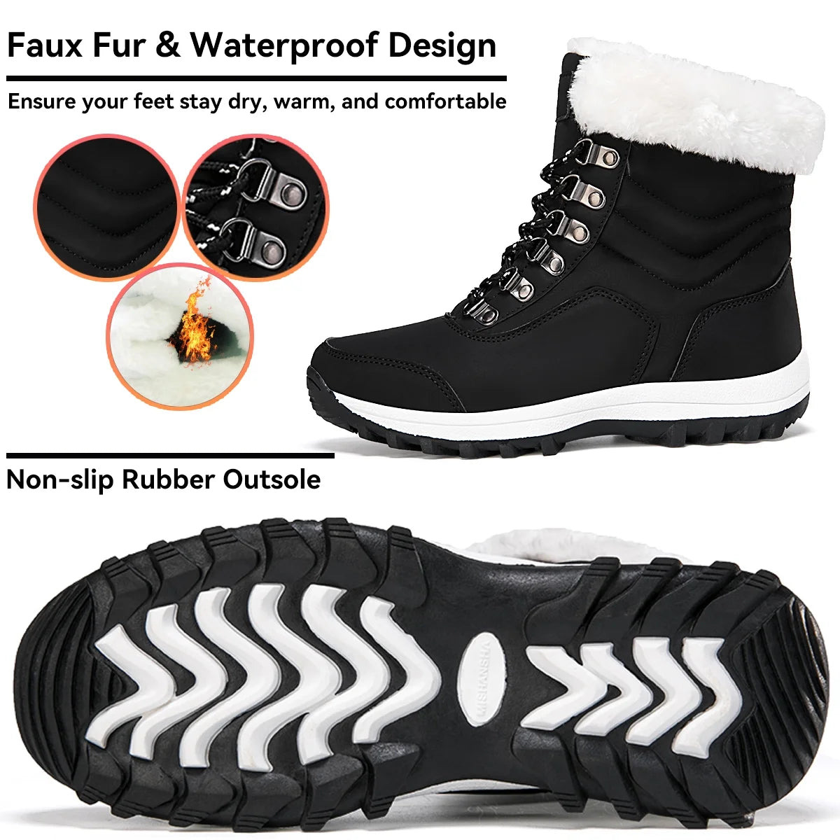 Women'S Snow Boots Cozy Insulated Faux Fur Lined Waterproof Mid-Calf Winter Boots, Black