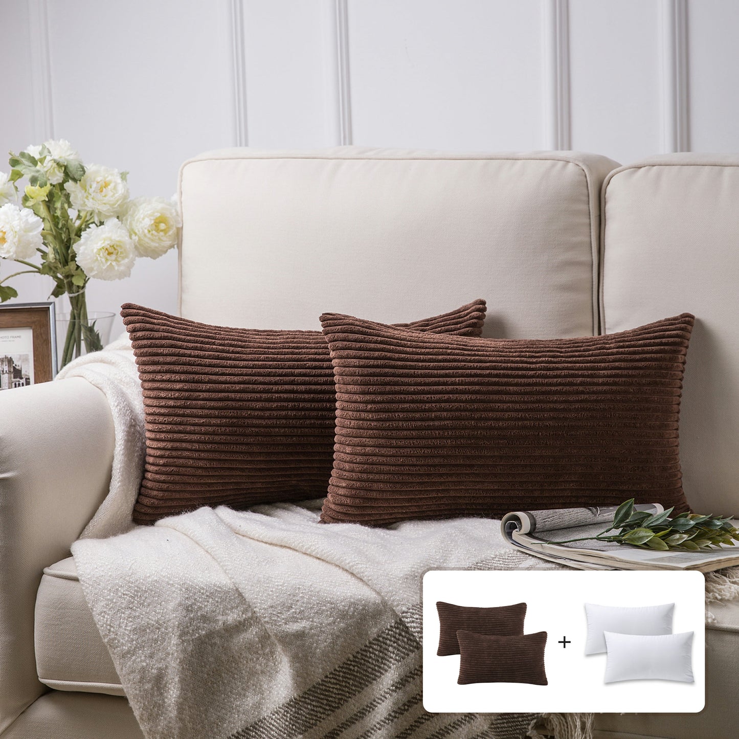 Fluffy Corduroy Velvet Solid Color Suqare Cusion Accent Decorative Throw Pillow for Couch, 12" X 20", Dark Brown, 2 Pack