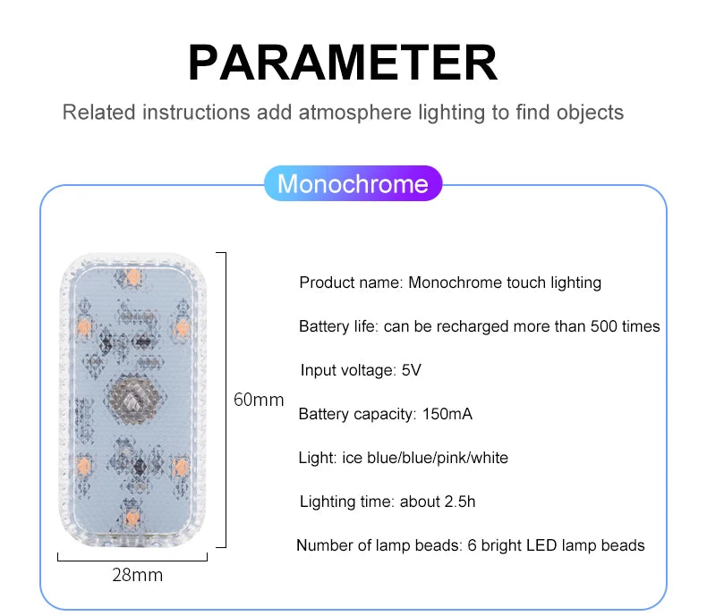 Tactile LED light, Mini Wireless Car Interior Lighting, Auto Roof Reading Lamp, Door Storage Box, Footwell, Trunk, USB Charging