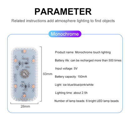 Tactile LED light, Mini Wireless Car Interior Lighting, Auto Roof Reading Lamp, Door Storage Box, Footwell, Trunk, USB Charging