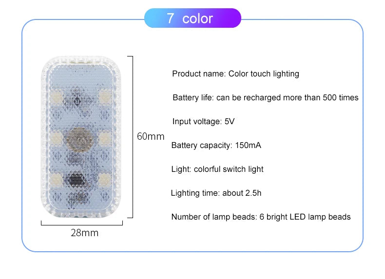 Tactile LED light, Mini Wireless Car Interior Lighting, Auto Roof Reading Lamp, Door Storage Box, Footwell, Trunk, USB Charging