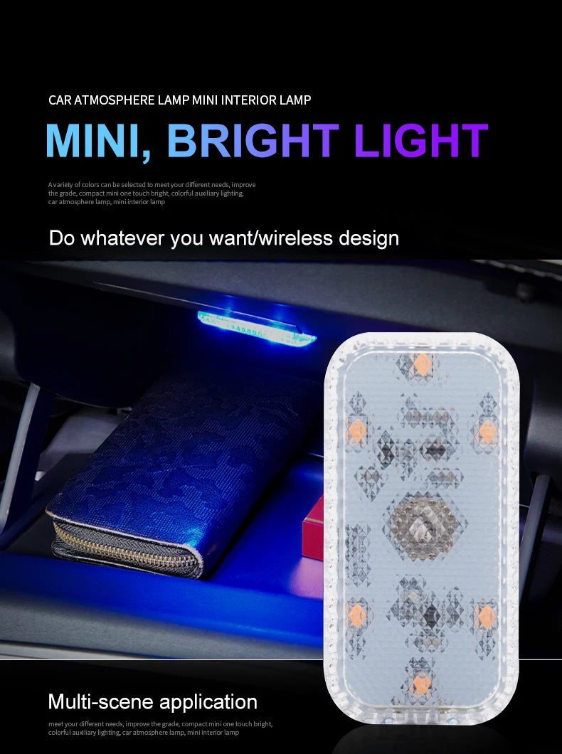 Tactile LED light, Mini Wireless Car Interior Lighting, Auto Roof Reading Lamp, Door Storage Box, Footwell, Trunk, USB Charging