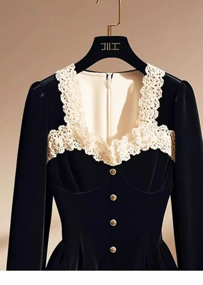 Blusas de retazos de encaje de estilo francés Vintage con estilo para mujer, camisas ajustadas elegantes de lujo con cuello cuadrado, Tops negros de manga larga