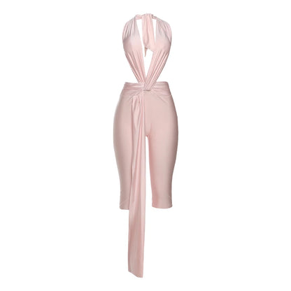 Strange Cat Patchwork Halter Romper Women Sleeveless Ribbon Elastic Backless Workout Activewear Midnight Activity Skinny Jumpsuits