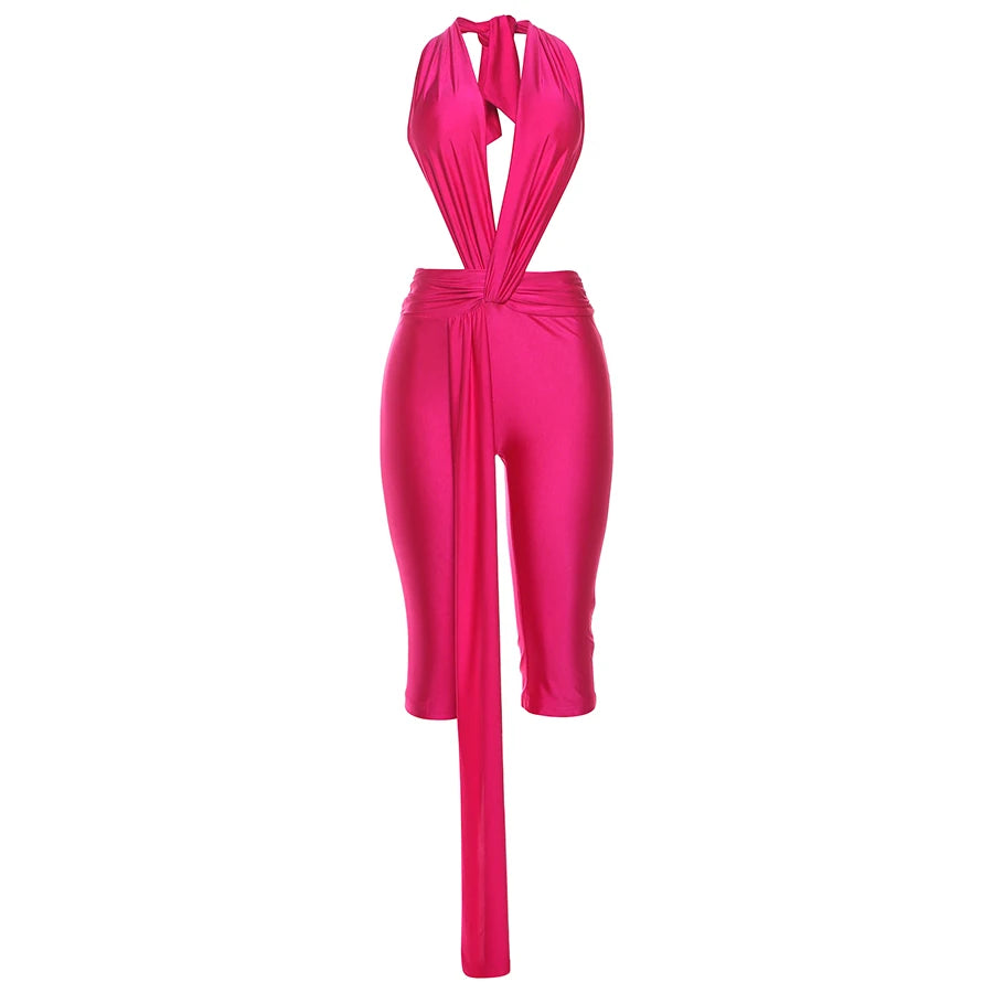 Strange Cat Patchwork Halter Romper Women Sleeveless Ribbon Elastic Backless Workout Activewear Midnight Activity Skinny Jumpsuits