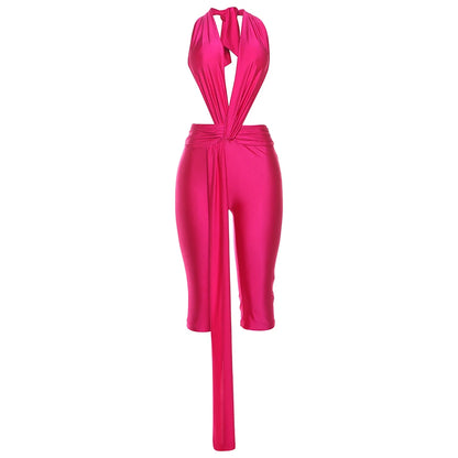 Strange Cat Patchwork Halter Romper Women Sleeveless Ribbon Elastic Backless Workout Activewear Midnight Activity Skinny Jumpsuits