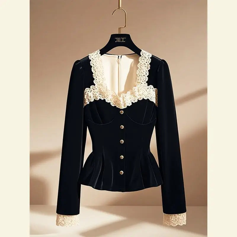 Blusas de retazos de encaje de estilo francés Vintage con estilo para mujer, camisas ajustadas elegantes de lujo con cuello cuadrado, Tops negros de manga larga