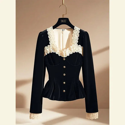 Blusas de retazos de encaje de estilo francés Vintage con estilo para mujer, camisas ajustadas elegantes de lujo con cuello cuadrado, Tops negros de manga larga