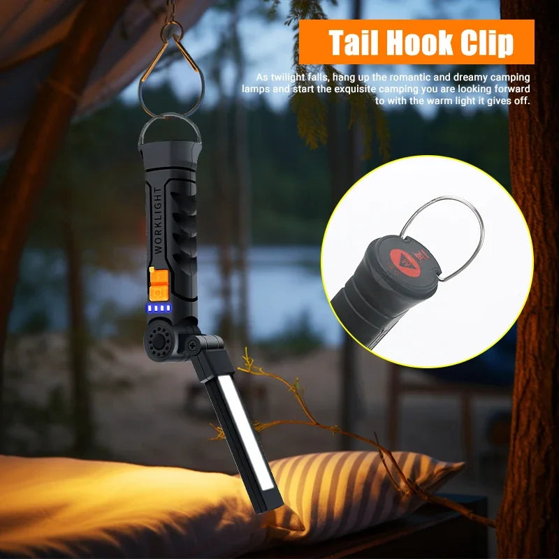 Portable COB LED Lantern, USB Rechargeable Work Light, Magnetic Hanging Lamp with Built-in Battery, Camping Flashlight