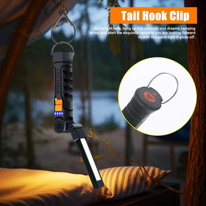 Portable COB LED Lantern, USB Rechargeable Work Light, Magnetic Hanging Lamp with Built-in Battery, Camping Flashlight