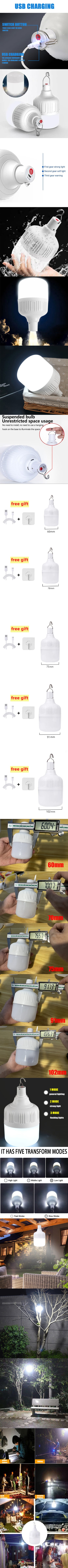 Bombilla LED Portátil Recargable USB con Gancho | 4 Modos, Alta Potencia para Camping y Exteriores