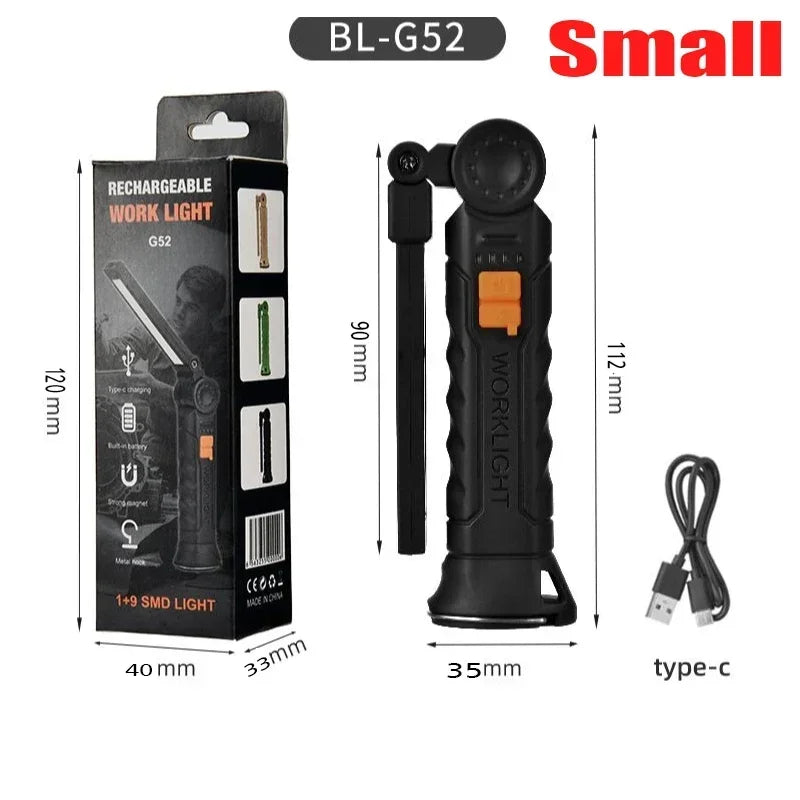 Portable COB LED Lantern, USB Rechargeable Work Light, Magnetic Hanging Lamp with Built-in Battery, Camping Flashlight