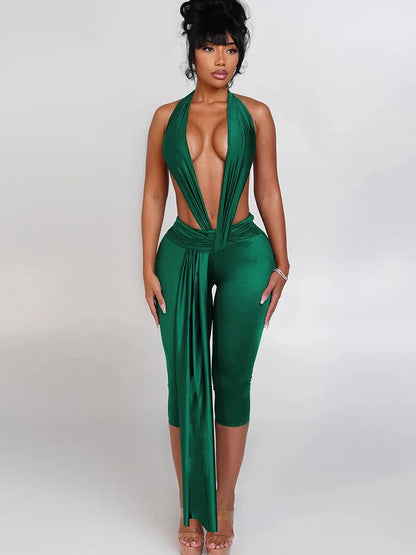 Strange Cat Patchwork Halter Romper Women Sleeveless Ribbon Elastic Backless Workout Activewear Midnight Activity Skinny Jumpsuits