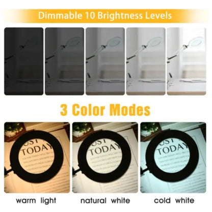 Lupa LED 72 Luces con Brazo Articulado – Aumento 8X/10X, 3 Modos de Color, USB