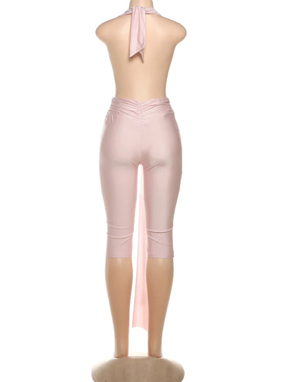 Strange Cat Patchwork Halter Romper Women Sleeveless Ribbon Elastic Backless Workout Activewear Midnight Activity Skinny Jumpsuits
