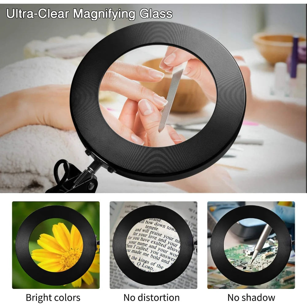 Lupa LED 72 Luces con Brazo Articulado – Aumento 8X/10X, 3 Modos de Color, USB