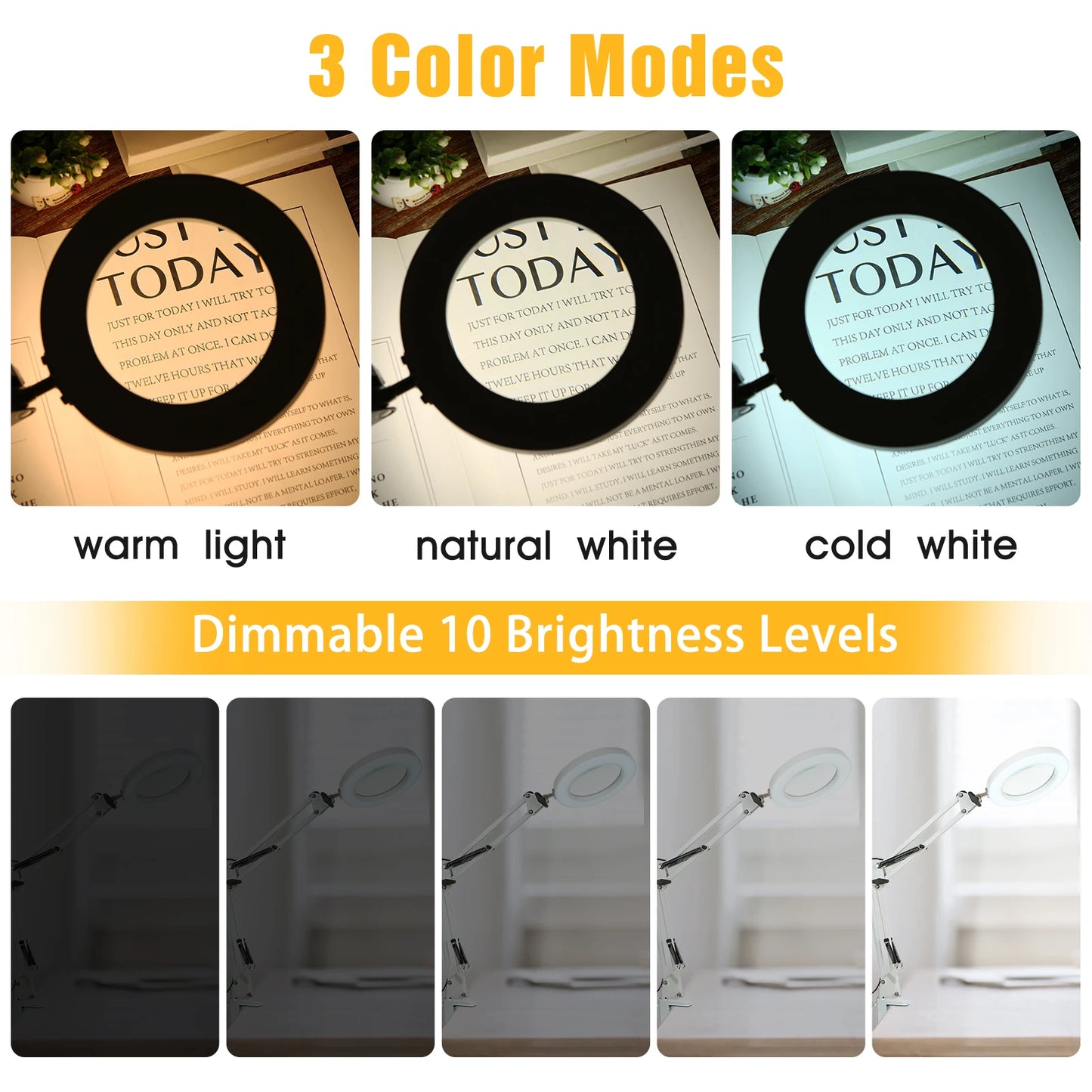 Lupa LED 72 Luces con Brazo Articulado – Aumento 8X/10X, 3 Modos de Color, USB