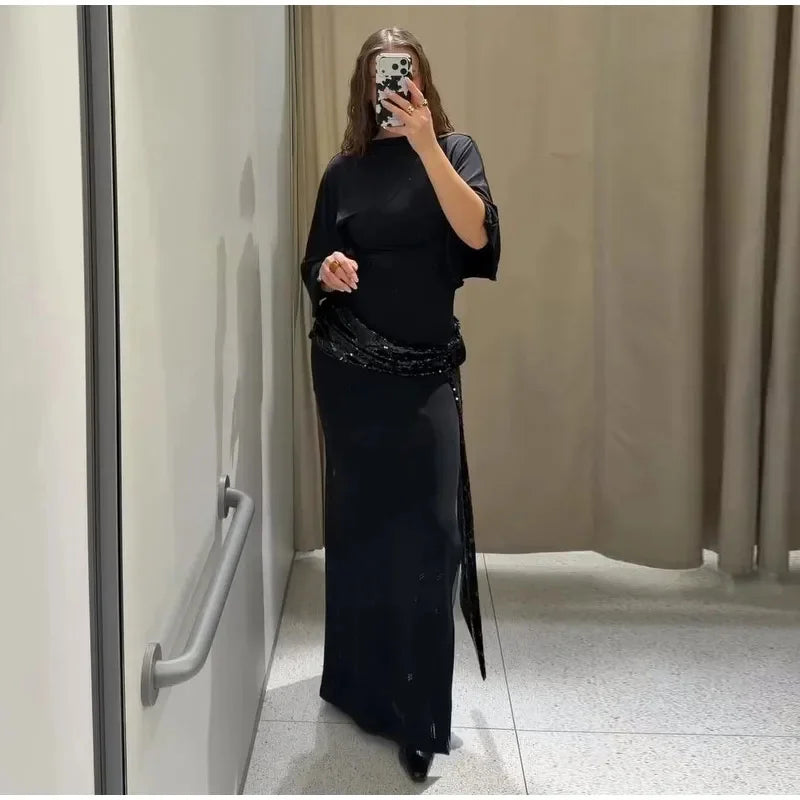 Women's Sequin Patchwork Backless Maxi Dress, Elegant Wide-Sleeved Long Dresses, New Fashion Female Dresses for Evening Party, Daily Gowns