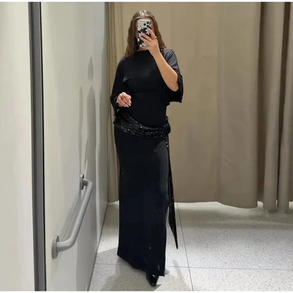 Women's Sequin Patchwork Backless Maxi Dress, Elegant Wide-Sleeved Long Dresses, New Fashion Female Dresses for Evening Party, Daily Gowns