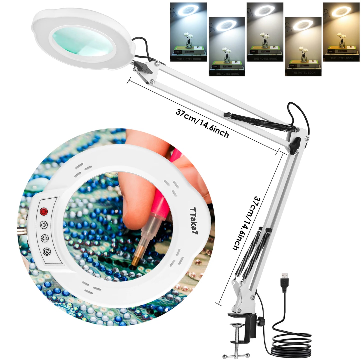 Lupa LED 72 Luces con Brazo Articulado – Aumento 8X/10X, 3 Modos de Color, USB