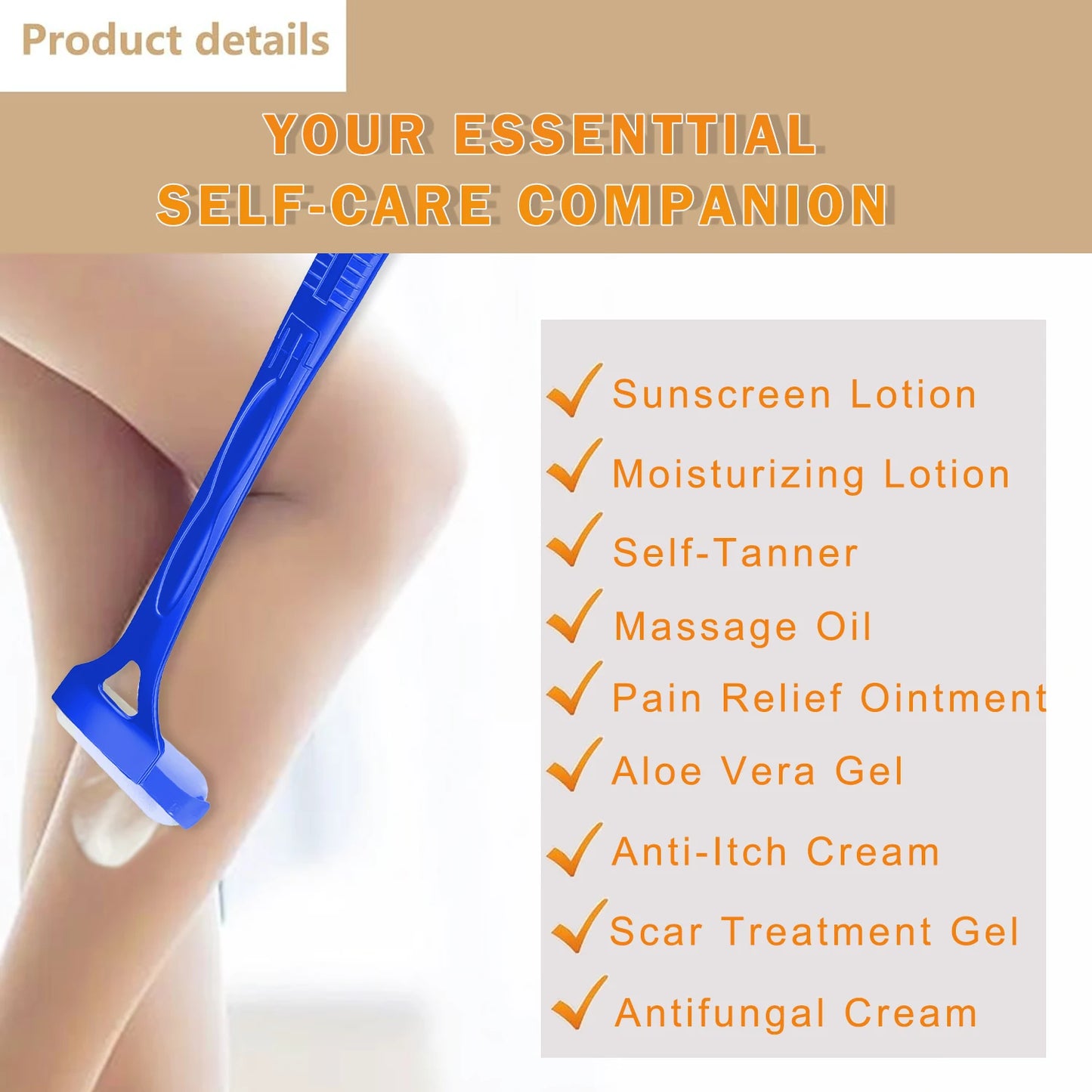 Aplicador de Loción y Protector Solar para Espalda – Mango Largo Plegable con 2 Cabezales