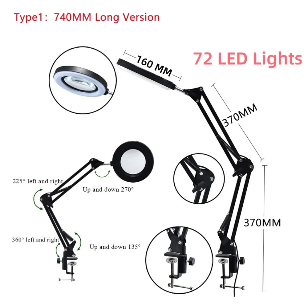 Lupa LED 72 Luces con Brazo Articulado – Aumento 8X/10X, 3 Modos de Color, USB