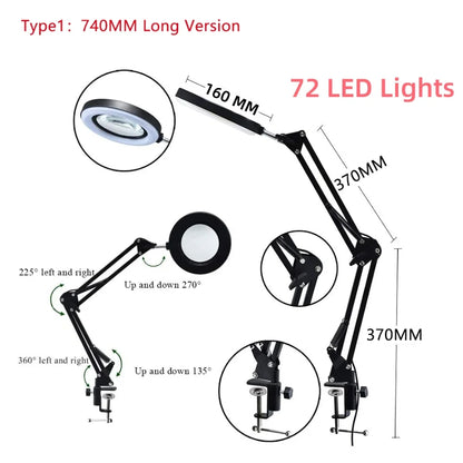 Lupa LED 72 Luces con Brazo Articulado – Aumento 8X/10X, 3 Modos de Color, USB