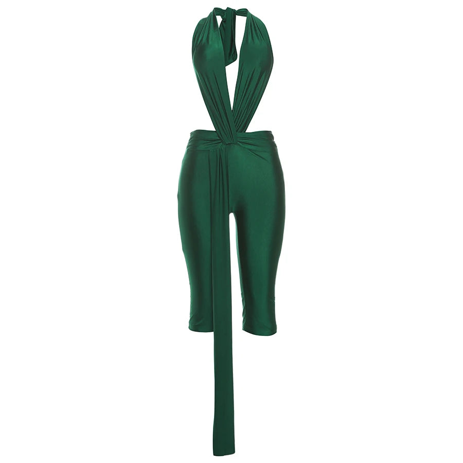 Strange Cat Patchwork Halter Romper Women Sleeveless Ribbon Elastic Backless Workout Activewear Midnight Activity Skinny Jumpsuits