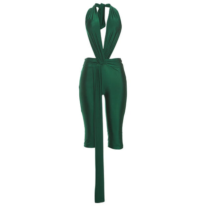 Strange Cat Patchwork Halter Romper Women Sleeveless Ribbon Elastic Backless Workout Activewear Midnight Activity Skinny Jumpsuits