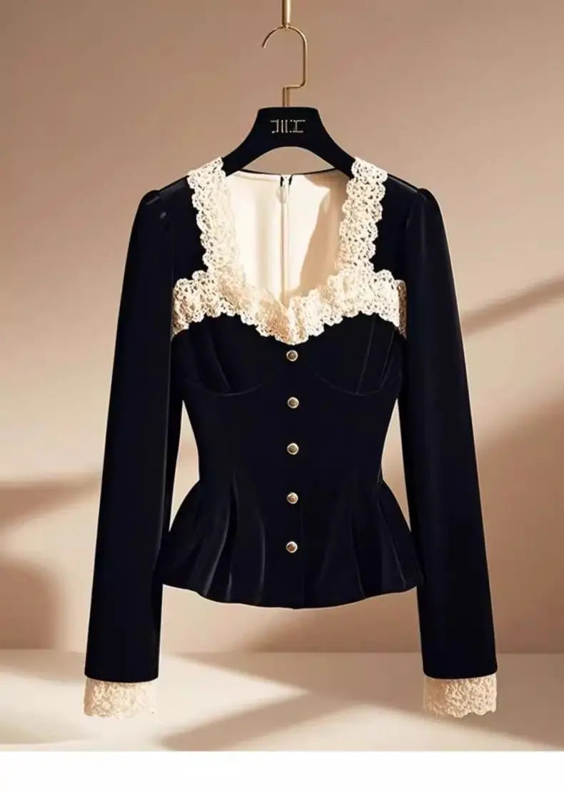 Blusas de retazos de encaje de estilo francés Vintage con estilo para mujer, camisas ajustadas elegantes de lujo con cuello cuadrado, Tops negros de manga larga