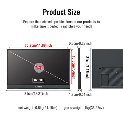 14-inch Portable Touch Monitor Optional Non-Touch 16:10 400cd/m2 Gaming Computer Expand Screen for XBox PS4/5 Switch Laptop