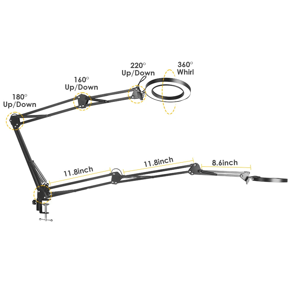 Lupa LED 72 Luces con Brazo Articulado – Aumento 8X/10X, 3 Modos de Color, USB