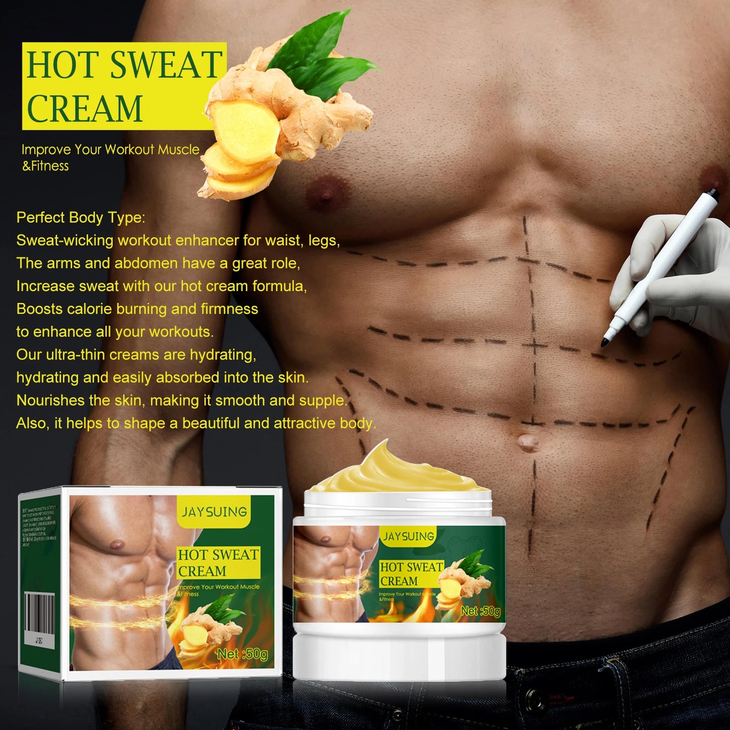 Massage Cream for Men for Body Care, Warming Sensation, Post-Workout Recovery, Skin Hydration, Firming Routine, Non-Greasy, 50g