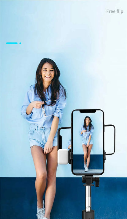 Portable tripod support with Bluetooth Selfie stick, fill light with remote shutter, extendable wireless remote retractable phone holder