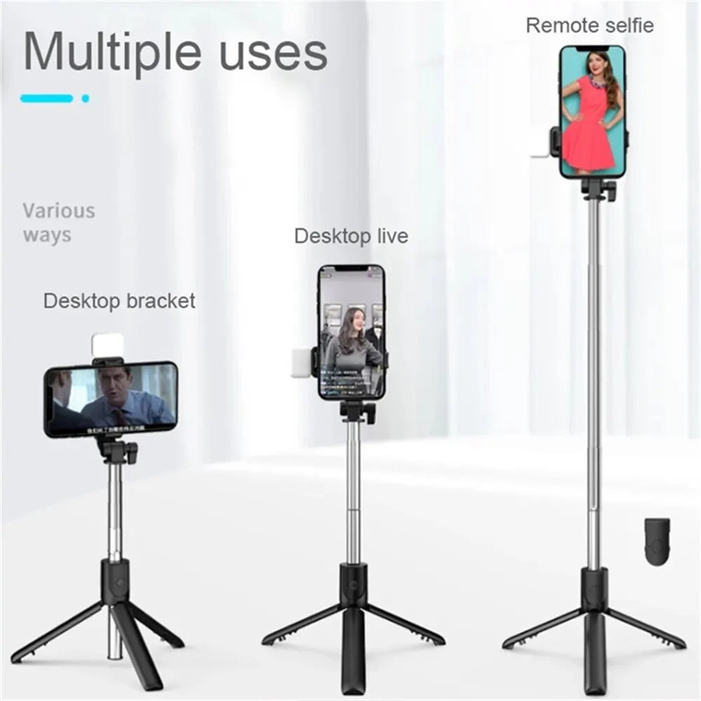 Portable tripod support with Bluetooth Selfie stick, fill light with remote shutter, extendable wireless remote retractable phone holder