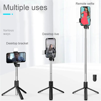 Portable tripod support with Bluetooth Selfie stick, fill light with remote shutter, extendable wireless remote retractable phone holder